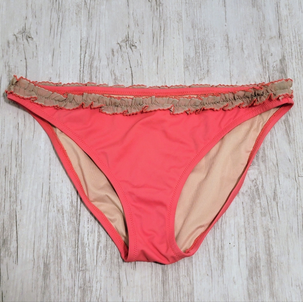 Victoria's Secret VS Ruffle Trim Bikini Bottoms Pink Coral & Tan Swimsuit L
